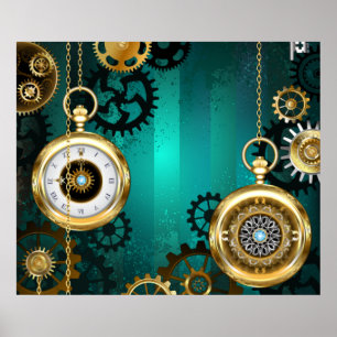 Steampunk-Schmuck Uhr auf grünem Hintergrund Poster