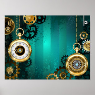 Steampunk-Schmuck Uhr auf grünem Hintergrund Poster