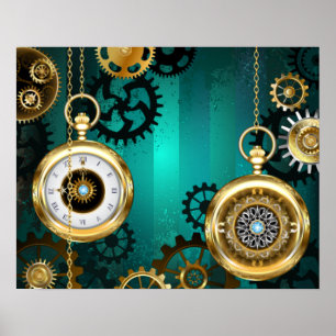 Steampunk-Schmuck Uhr auf grünem Hintergrund Poster