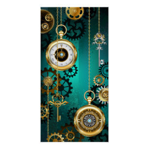 Steampunk-Schmuck Uhr auf grünem Hintergrund Poster