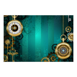 Steampunk-Schmuck Uhr auf grünem Hintergrund Poster