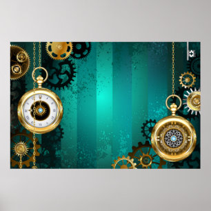 Steampunk-Schmuck Uhr auf grünem Hintergrund Poster