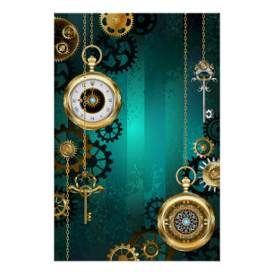 Steampunk-Schmuck Uhr auf grünem Hintergrund Poster