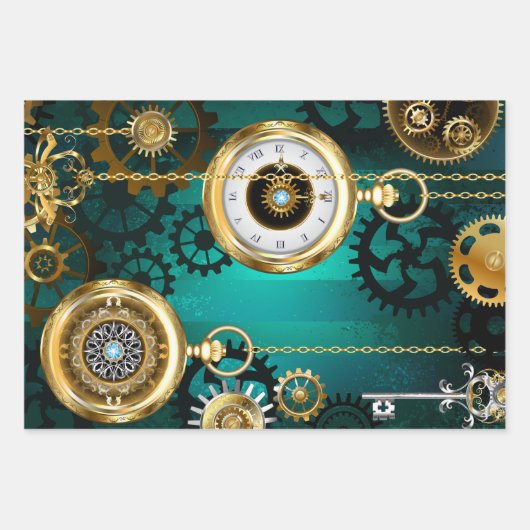 Steampunk-Schmuckschau auf grünem Hintergrund Geschenkpapier Set (Vorderseite 3)