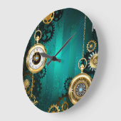 Steampunk-Schmuckschau auf grünem Hintergrund Große Wanduhr (Winkel)