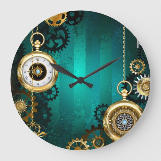 Steampunk-Schmuckschau auf grünem Hintergrund Große Wanduhr (Vorderseite)