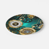 Steampunk-Schmuckschau auf grünem Hintergrund Pappteller (Schrägansicht)