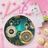 Steampunk-Schmuckschau auf grünem Hintergrund Pappteller (Party)