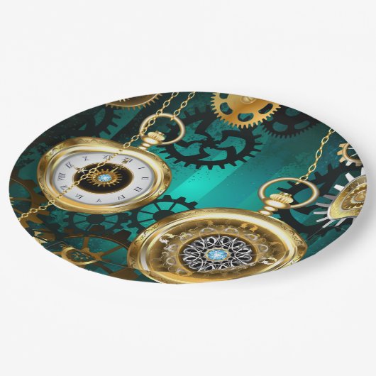 Steampunk-Schmuckschau auf grünem Hintergrund Pappteller (Schrägansicht)