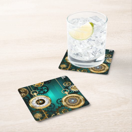 Steampunk-Schmuckschau auf grünem Hintergrund Rechteckiger Pappuntersetzer (Vor Ort)