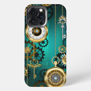 Steampunk-Schmuckuhr auf grünem Hintergrund iPhone 13 Pro Max Hülle