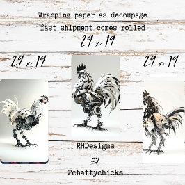 Steampunk Schwarz-weiß Roosters Decoupage Geschenkpapier Set