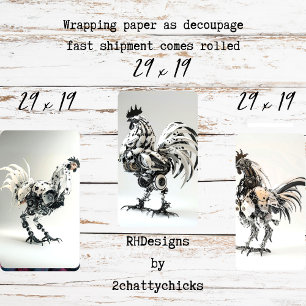 Steampunk Schwarz-weiß Roosters Decoupage Geschenkpapier Set