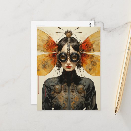 Steampunk Scifi Insect Frau Postkarte (Vorderseite/Rückseite Beispiel)