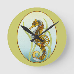 Steampunk Seahorse Runde Wanduhr