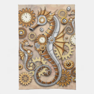 Steampunk-Seepferdchen Vintage Surreal Kunst Geschirrtuch