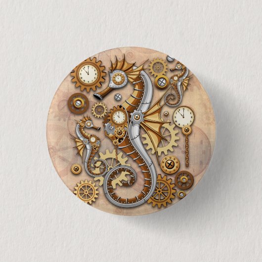 Steampunk-Seepferdchen Vintage-surrealistische Kun Button (Vorderseite)