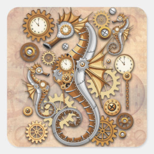 Steampunk-Seepferdchen Vintage-surrealistische Kun Quadratischer Aufkleber