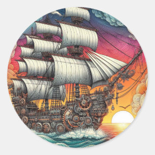 STEAMPUNK-SEGELSCHIFF SONNENUNTERGANG RUNDER AUFKLEBER