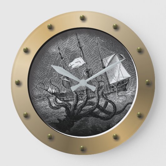 Steampunk Ships Porthole Giant Octopus Kraken Große Wanduhr (Vorderseite)