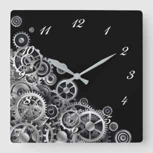 Steampunk Silver Gears Square Wall Clock Quadratische Wanduhr