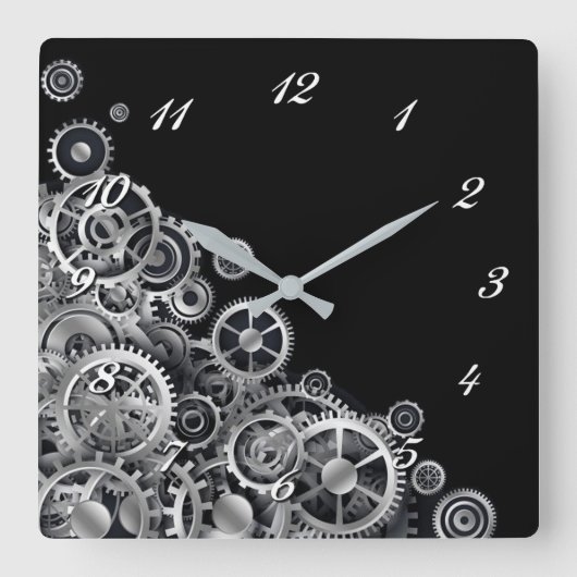 Steampunk Silver Gears Square Wall Clock Quadratische Wanduhr (Vorderseite)