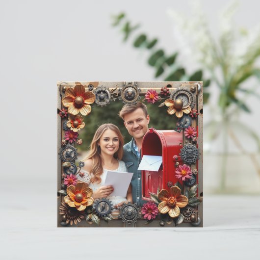 Steampunk Silver & Wood Personalisiert Wedding RSV Save The Date (Stehend Vorderseite)