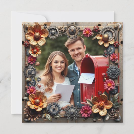 Steampunk Silver & Wood Personalisiert Wedding RSV Save The Date (Vorderseite)