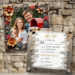 Steampunk Silver & Wood Personalisiert Wedding RSV Save The Date