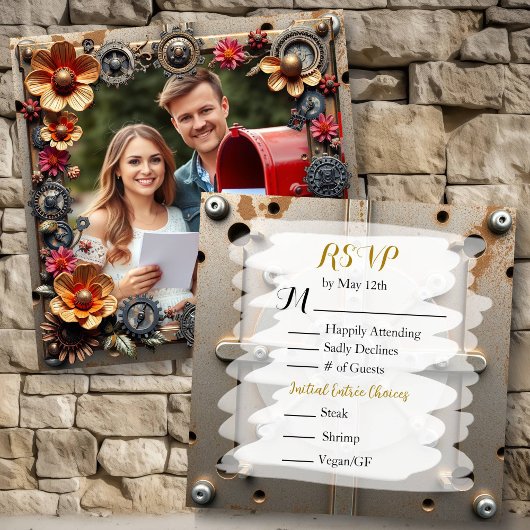 Steampunk Silver & Wood Personalisiert Wedding RSV Save The Date