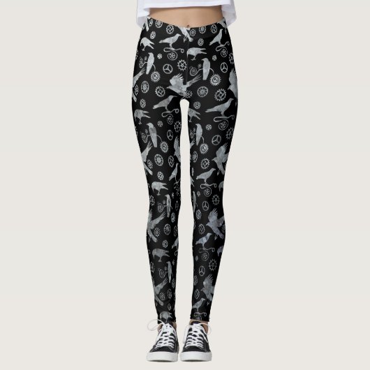 Steampunk Silver Zinc Crows and Gears Leggings (Vorderseite)