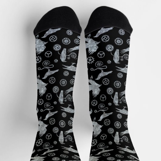 Steampunk Silver Zinc Crows and Gears Socks Socken (Oben)