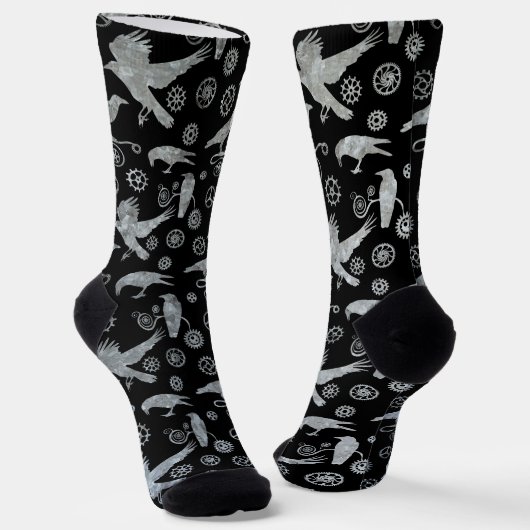 Steampunk Silver Zinc Crows and Gears Socks Socken (Gewinkelt)