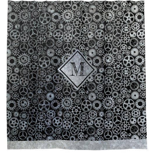 Steampunk Silver Zinc Gears Custom Monogram Duschvorhang (Vorderseite)