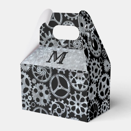 Steampunk Silver Zinc Gears Custom Monogram Gable Geschenkschachtel (Vorderseite)