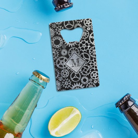 Steampunk Silver Zinc Gears Custom Monogram Geldbeutel Flaschenöffner