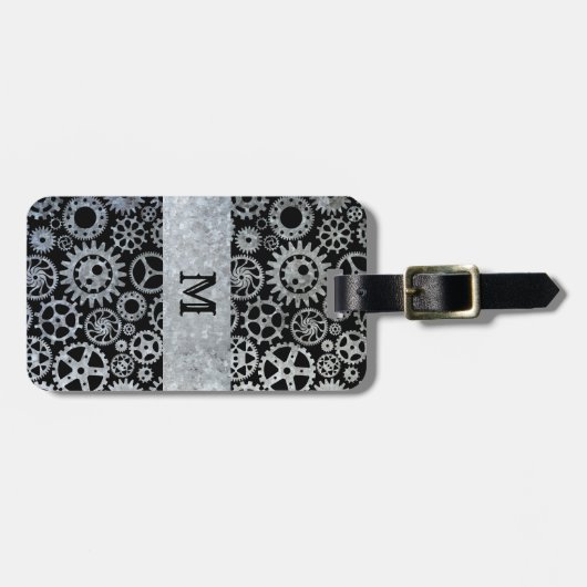 Steampunk Silver Zinc Gears Custom Monogram Gepäckanhänger (Vorderseite horizontal)