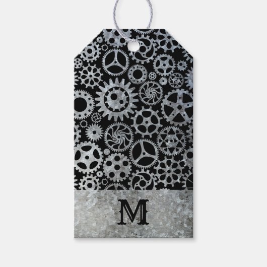 Steampunk Silver Zinc Gears Custom Monogram Geschenkanhänger (Vorderseite)