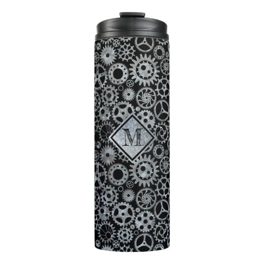 Steampunk Silver Zinc Gears Custom Monogram Thermosbecher (Vorderseite)