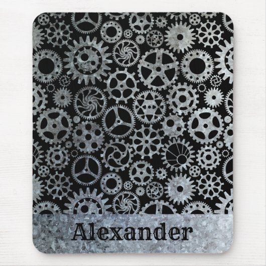 Steampunk Silver Zinc Gears Individuelle Name Mousepad (Vorne)