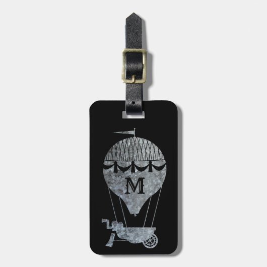 Steampunk Silver Zinc Heißluftballon Monogram Gepäckanhänger (Vorderseite vertikal)