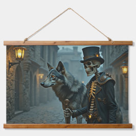 Steampunk Skeleton und Wolf Wandteppich Mit Holzrahmen
