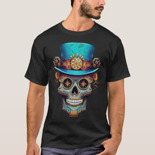 Steampunk Skull Day of the Dead Men's Black T-Shirt (Vorderseite)