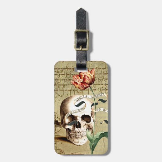 Steampunk Skull Floral Halloween Gepäcktag Gepäckanhänger (Vorderseite vertikal)