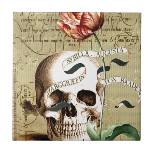 Steampunk Skull Floral Writing Halloween Fliese (Vorderseite)