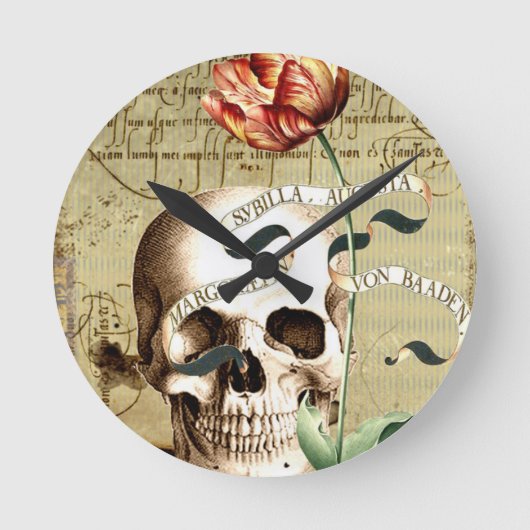 Steampunk Skull Floral Writing Halloween Runde Wanduhr (Vorderseite)