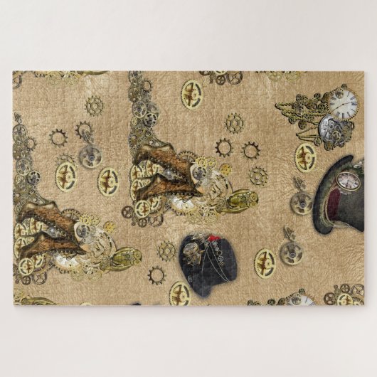 Steampunk-Skulpturen auf Tan Leder Textur Puzzle (Horizontal)