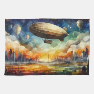Steampunk Skyline mit Zeppelin Küchentuch