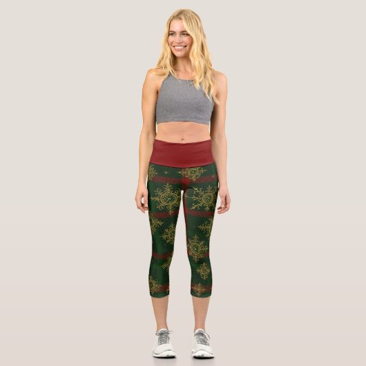 Steampunk Snowflake Rot und Grüner Tartan Capri Leggings (Vorderseite)