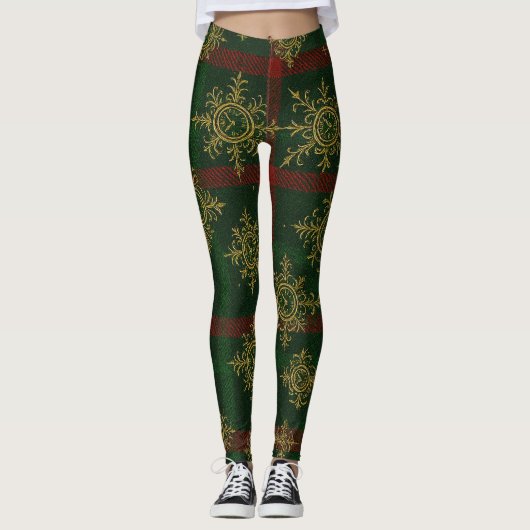 Steampunk Snowflake Rot und Grüner Tartan Leggings (Vorderseite)